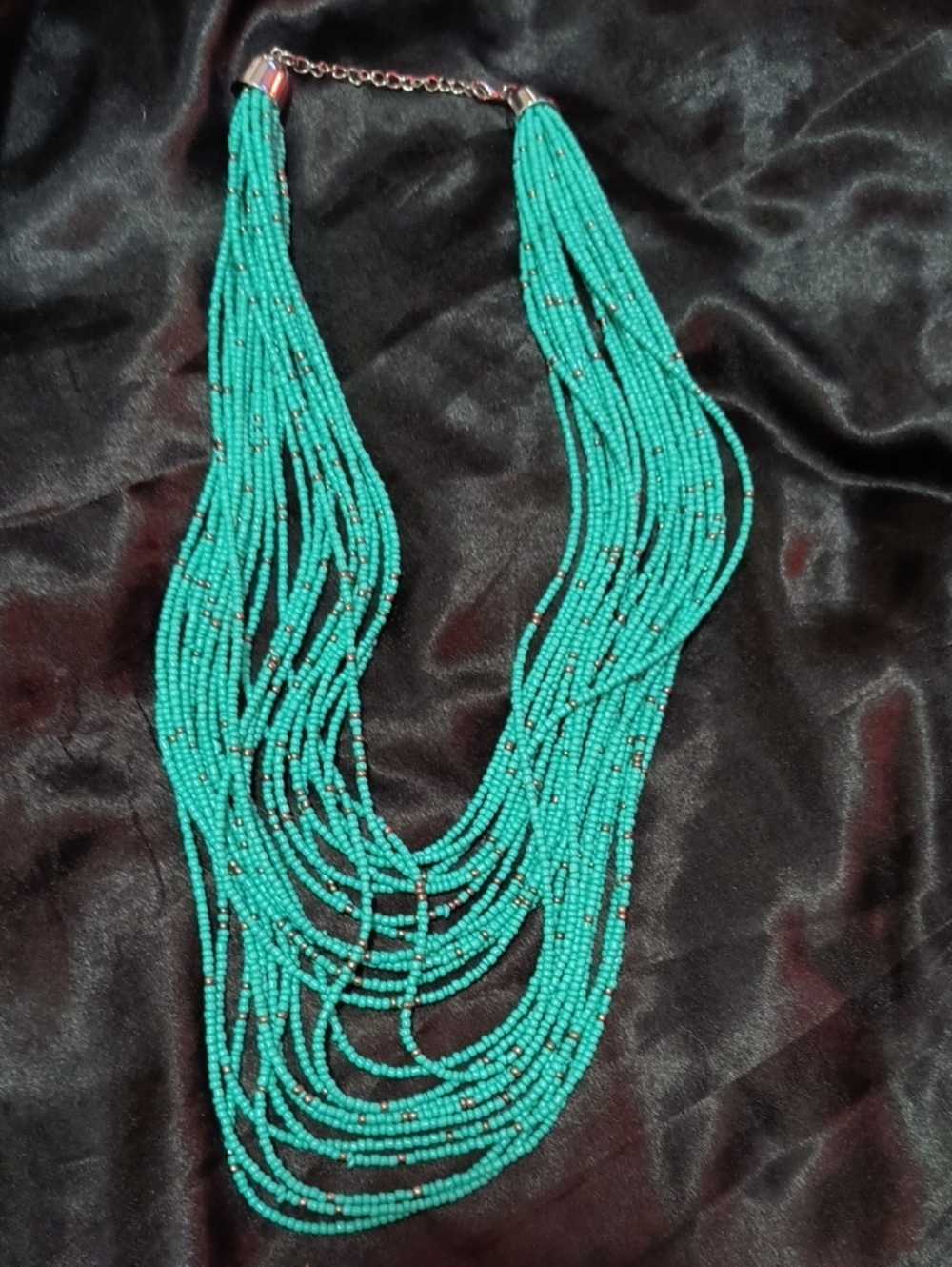Turquoise Colored w/ Gold Multi-Strand Beaded Necklace 26"